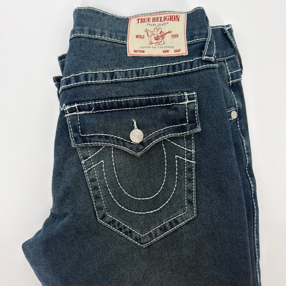 True Religion Ricky Relaxed Straight Dark Wash Contrast Stitch Jeans Mens 36